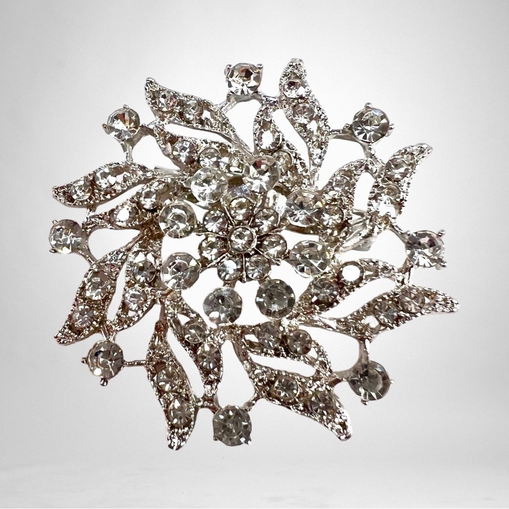 Layered Silvertone Flower Encrusted with Clear Crystal Jewelry Brooch